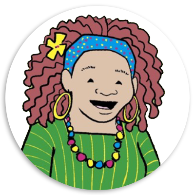 Illustration of a cheerful character with curly red hair, wearing a blue headband, large earrings, and a colorful beaded necklace, dressed in a green striped top.