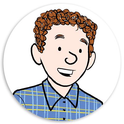 Illustration of a smiling young boy with curly brown hair, wearing a blue plaid shirt, set against a circular background.