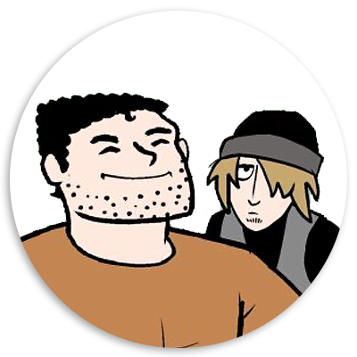 Illustration of two cartoon characters, one smiling with stubble and wearing an orange shirt, and the other looking skeptical in a black beanie and gray vest, set against a circular background.