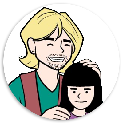 Illustration of a smiling man with long blonde hair and a woman with straight black hair, both appearing happy and engaged in a friendly interaction. The image features a circular design with a colorful background, emphasizing a warm and cheerful atmosphere.