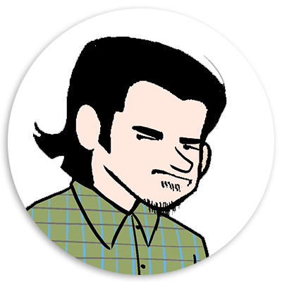 Illustration of a man with dark hair and a subtle frown, wearing a green plaid shirt, set against a circular background. The character's expression conveys a sense of contemplation or seriousness, suitable for a variety of creative projects.