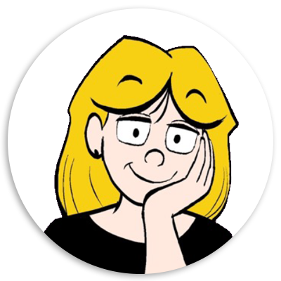 Cartoon character with blonde hair and a thoughtful expression, resting her chin on her hand against a circular white background.