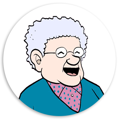 Cartoon illustration of a cheerful elderly woman with curly white hair and glasses, wearing a blue cardigan and a pink polka-dot blouse, smiling happily.