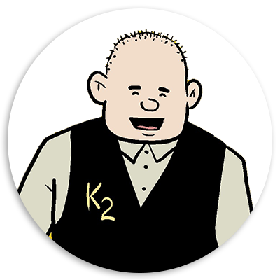 Cartoon illustration of a smiling bald man wearing a black vest with the letter 