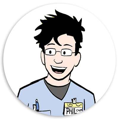 Cartoon illustration of a cheerful male nurse named Phil, wearing scrubs and glasses, with a name tag visible. He has tousled dark hair and a friendly expression.