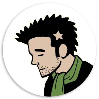 Illustration of a young man with spiky black hair and a star-shaped design on his head, wearing a green scarf and a dark jacket, depicted in a minimalist, cartoon style.