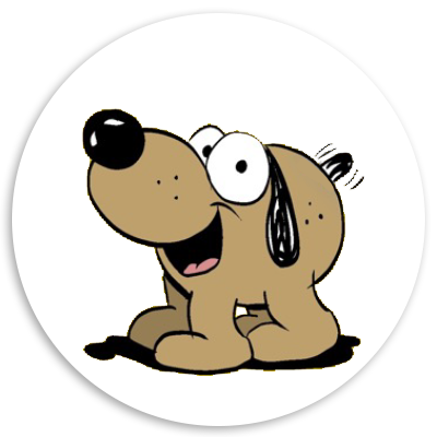 Cartoon dog character with a big smile, floppy ears, and a light brown coat, sitting playfully against a white circular background.