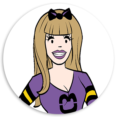 Cartoon character with long blonde hair and a purple outfit, smiling and wearing a black bow, representing a fun and playful theme.