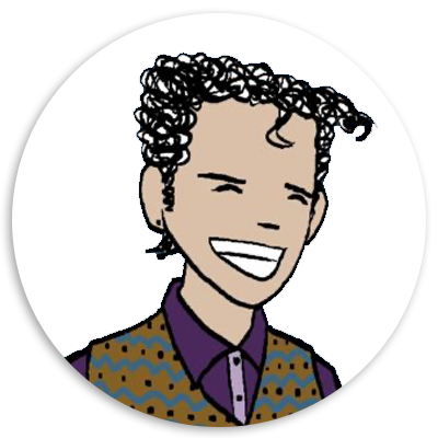 Illustration of a smiling person with curly hair, wearing a patterned vest and a collared shirt, set against a circular white background.