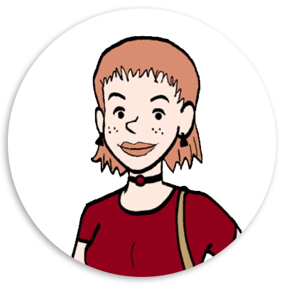 Illustration of a young woman with short, reddish-brown hair and freckles, wearing a red shirt and a black choker necklace. She has a confident expression and is depicted in a cartoon style, making her a relatable character for a youthful audience.