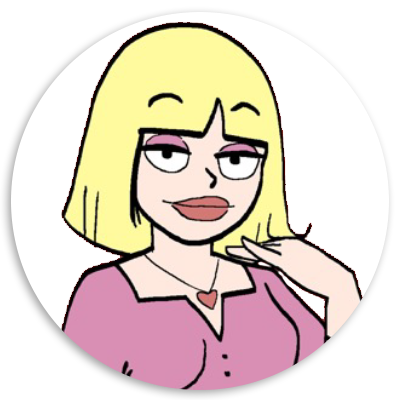 Cartoon character with blonde bob hairstyle and pink blouse, smiling and posing with one hand on her chin, set against a circular white background.