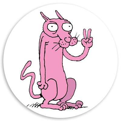 Cartoon illustration of a pink cat sitting upright and making a peace sign with its paw, featuring exaggerated facial features and a playful expression.
