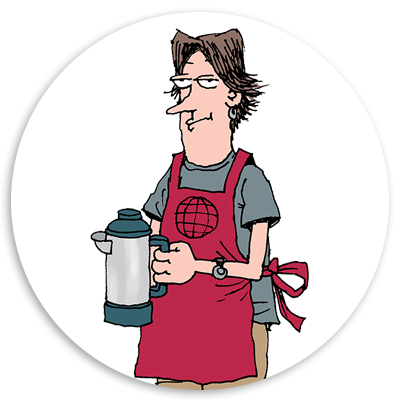 Illustration of a character wearing a red apron with a globe design, holding a coffee pot. The character has a casual hairstyle and a slightly unimpressed expression, representing a barista or café worker.