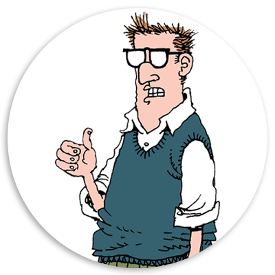 Cartoon character with glasses and a stern expression, wearing a sweater vest over a collared shirt, giving a thumbs-up gesture.