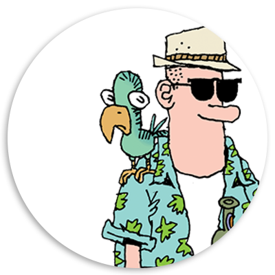 Cartoon character wearing sunglasses and a straw hat, with a colorful Hawaiian shirt, accompanied by a green parrot on his shoulder.