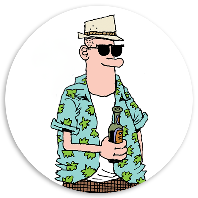 Cartoon character wearing sunglasses and a straw hat, holding a beverage, and dressed in a tropical-patterned shirt, standing against a circular background.
