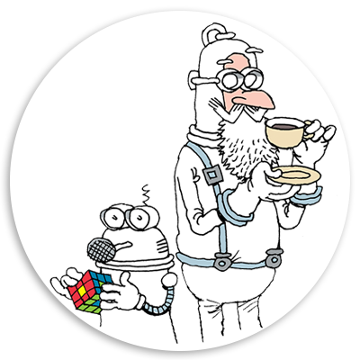 Cartoon illustration of a robot holding a Rubik's Cube alongside an elderly man with glasses, a beard, and a cup of tea, both depicted in a playful style.