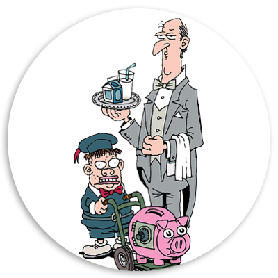 Cartoon illustration of a butler in formal attire serving drinks on a tray, alongside a mischievous boy in a cap pushing a toy pig bank on wheels. The image captures a humorous interaction between the characters in a playful setting.