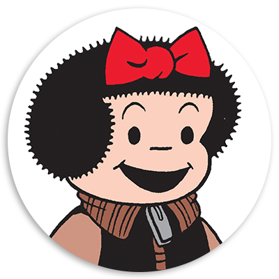 Cartoon character with curly black hair and a red bow, wearing a brown vest and smiling, set against a white background.