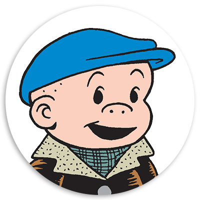 Cartoon character with a blue cap and a friendly smile, wearing a brown jacket and a patterned scarf, set against a circular background.