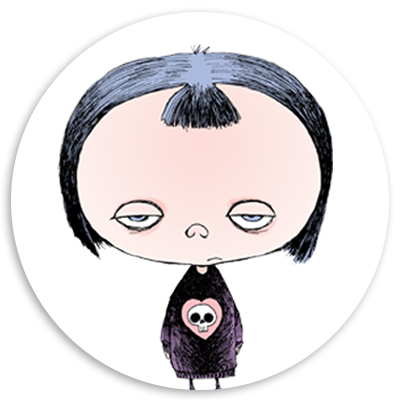 Illustration of a stylized character with short black hair and a bored expression, wearing a black sweater featuring a skull heart design, set against a circular background.