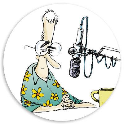 Cartoon character with glasses and a floral shirt sitting at a microphone, looking contemplative, with a coffee cup nearby.