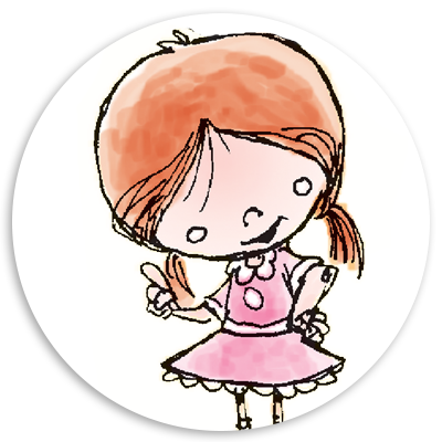 Illustration of a cheerful young girl with red hair wearing a pink dress, smiling and pointing, set against a circular background.