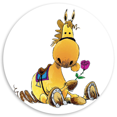 Cartoon horse character sitting down with a flower in its mouth, wearing a saddle, in a playful and whimsical pose.