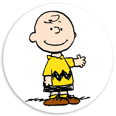Charlie Brown, a cartoon character from the Peanuts comic strip, smiling and waving while wearing his iconic yellow shirt with a black zigzag pattern and brown shoes, set against a circular white background.