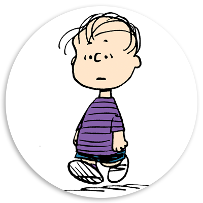 Illustration of a young boy with short hair wearing a purple striped shirt and blue shorts, walking with a neutral expression. The background is a simple white circle, emphasizing the character's features.