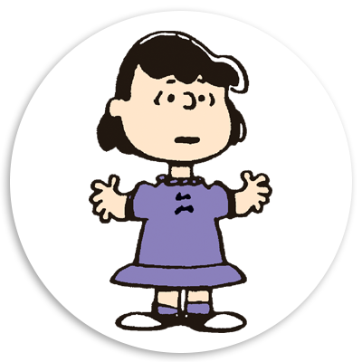 Cartoon character Lucy from the Peanuts comic strip, wearing a purple dress and standing with her arms outstretched.