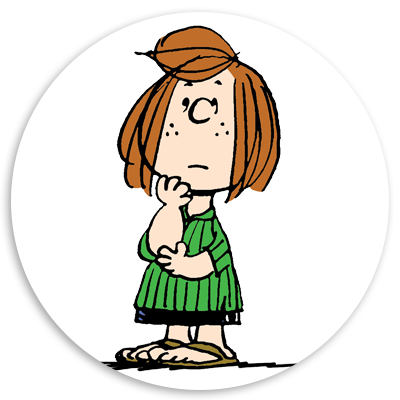 A cartoon character with short brown hair and a green striped shirt stands thoughtfully with a hand on her chin, set against a circular white background.