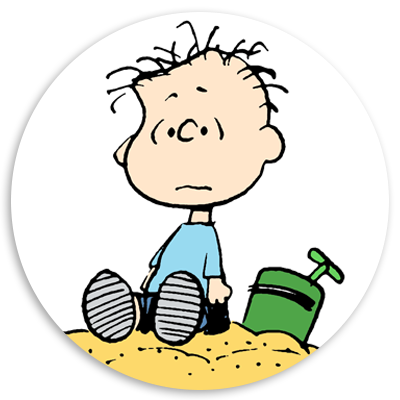Cartoon character sitting on sand with a green toy shovel, looking pensive and slightly disheveled, depicting a moment of contemplation.