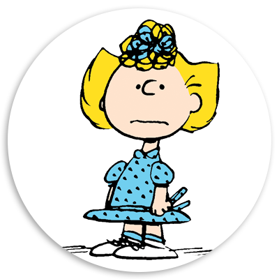 Cartoon character Sally Brown from the Peanuts comic strip, depicted with blonde hair, wearing a blue polka dot dress and a large blue bow, standing with a serious expression.