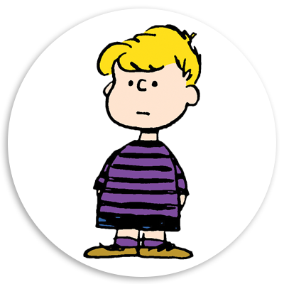 Cartoon character with blonde hair, wearing a purple and black striped shirt, blue shorts, and brown shoes, standing in a circular frame.