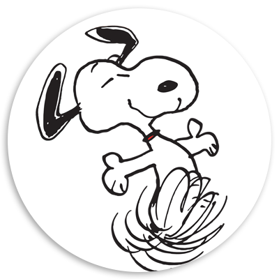 Snoopy, the iconic cartoon dog from the Peanuts comic strip, joyfully dancing with a playful expression, set against a circular white background.