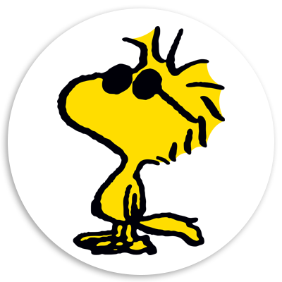 Cartoon character Woodstock, a small yellow bird with a distinctive spiky head and sunglasses, set against a white circular background.