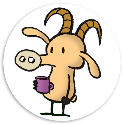 Cartoon goat character with prominent horns, holding a purple mug, standing in a circular frame.