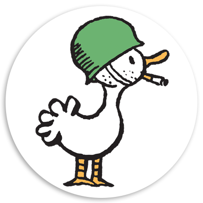 Cartoon duck wearing a green helmet, holding a cigarette in its beak, standing on two legs with a playful expression.