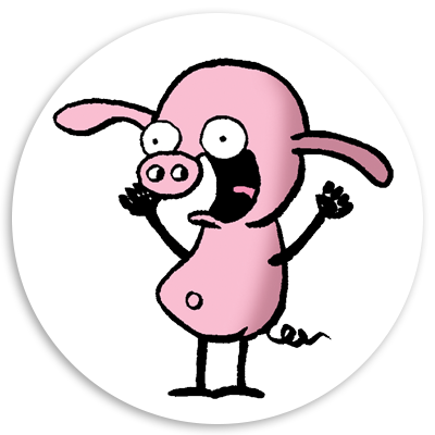 Cartoon-style pink pig character with large eyes and a surprised expression, standing with arms raised in excitement against a white circular background.