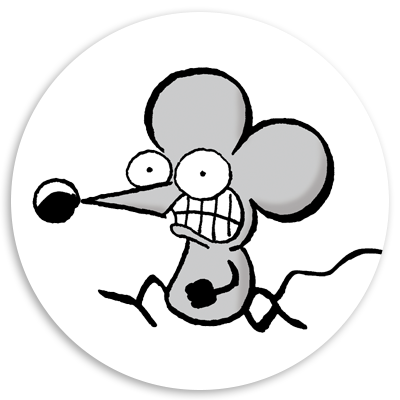 Cartoon mouse character with a worried expression, running with its tail behind, set against a circular white background. Ideal for illustrating themes of anxiety or urgency in animated content.