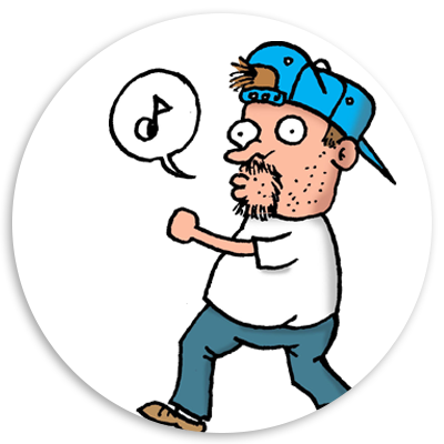 Cartoon character walking and singing, wearing a blue cap and white t-shirt, with a musical note in a speech bubble.