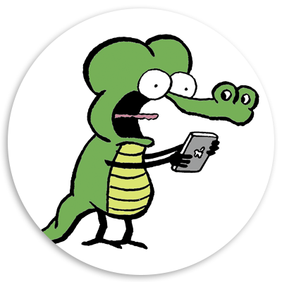 Cartoon crocodile character with a green body and yellow belly, excitedly holding a smartphone, set against a white circular background.
