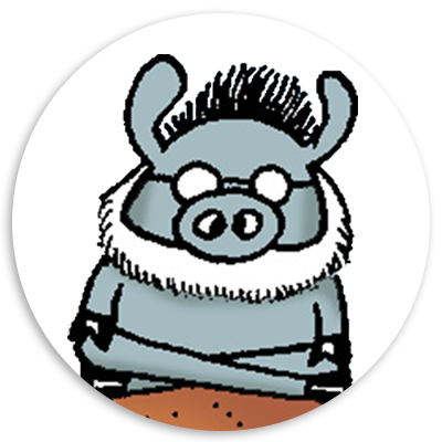 Cartoon illustration of a pig character with glasses and a distinctive hairstyle, wearing a fur-lined collar, sitting in a relaxed pose against a circular background.