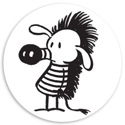 Cartoon character resembling a zebra with a striped shirt and a quirky hairstyle, illustrated in a playful and simplistic style.