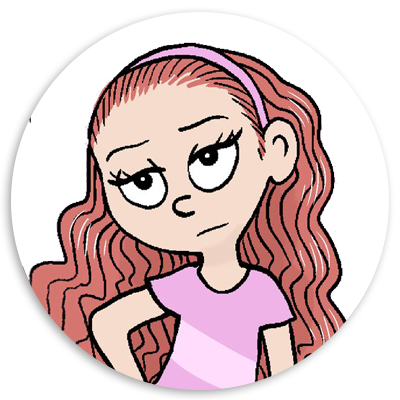 Cartoon character with long, wavy pink hair and a skeptical expression, wearing a light purple shirt, set against a circular white background.
