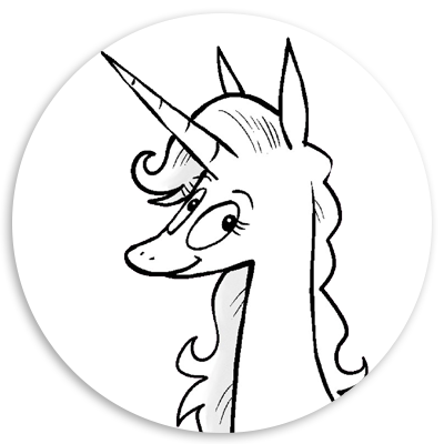Cartoon illustration of a unicorn with a playful expression, featuring a spiraled horn and flowing mane, set against a circular background.