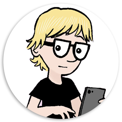 Cartoon character with short blonde hair and glasses, holding a smartphone while looking intently at the screen, set against a circular white background.