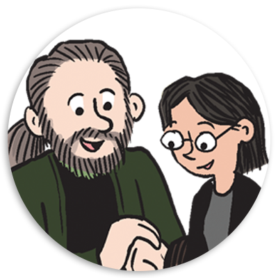 Illustration of a smiling man with a beard and a woman with glasses, both engaged in a conversation while looking at a wristwatch, highlighting a moment of shared interest or learning.
