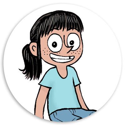 Cartoon illustration of a cheerful girl with dark hair and freckles, wearing a light blue shirt and sitting down, depicted in a circular frame.